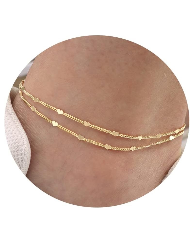 Layered Ankle Bracelets for Women Girls Dainty 18k Gold Plated Anklet Minimalist Summer Beach Heart Ankle Bracelet beaded Pea...