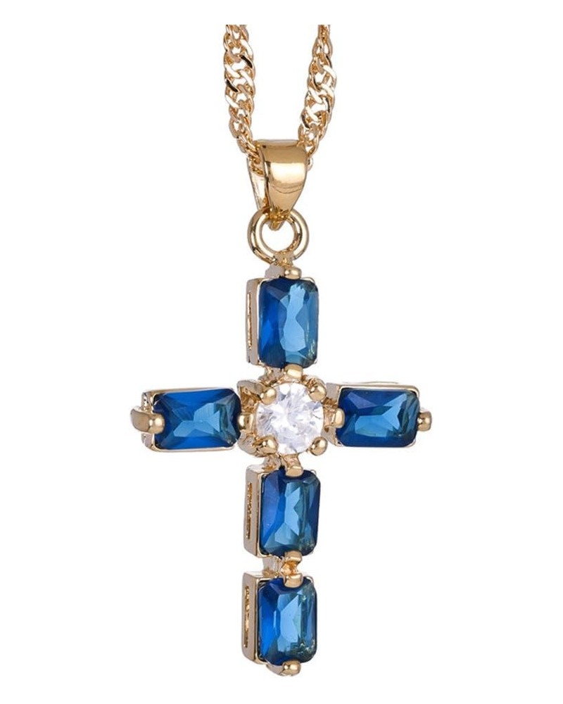 Cross Pendant with 18" Chain & Rectangular Cut CZ [6 Colors available] in Yellow Gold Plated, Simple Modern Elegant Blue $8.9...