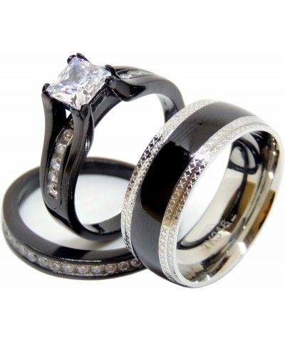 His & Hers 3 PCS Black IP Stainless Steel Princess Cut CZ Engagement Ring Set Mens Matching Band Size Women's 06 Men's 11 $18...