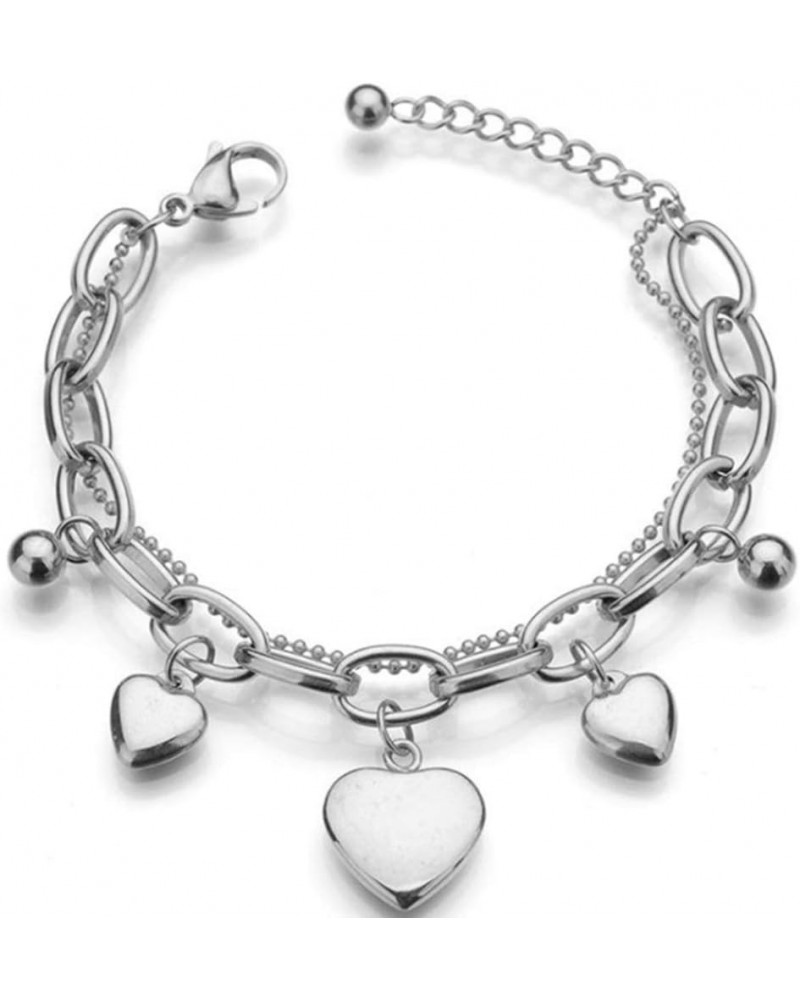 Stainless Steel Heart Charm Linked Chain Strand Bracelet Silver $7.94 Bracelets