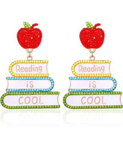 Colorful Beaded Teacher Earrings for Women, Seed Bead Pencil Dangle Earrings, Statement Apple Book Drop Earrings, Teacher App...