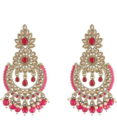 18k Gold Plated Indian Wedding Bollywood Chandbali Kundan Studded & Beaded Earrings for Women (E4001) Rani Pink $13.92 Earrings