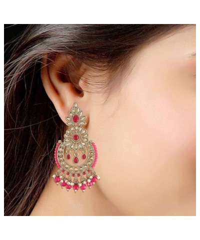 18k Gold Plated Indian Wedding Bollywood Chandbali Kundan Studded & Beaded Earrings for Women (E4001) Rani Pink $13.92 Earrings