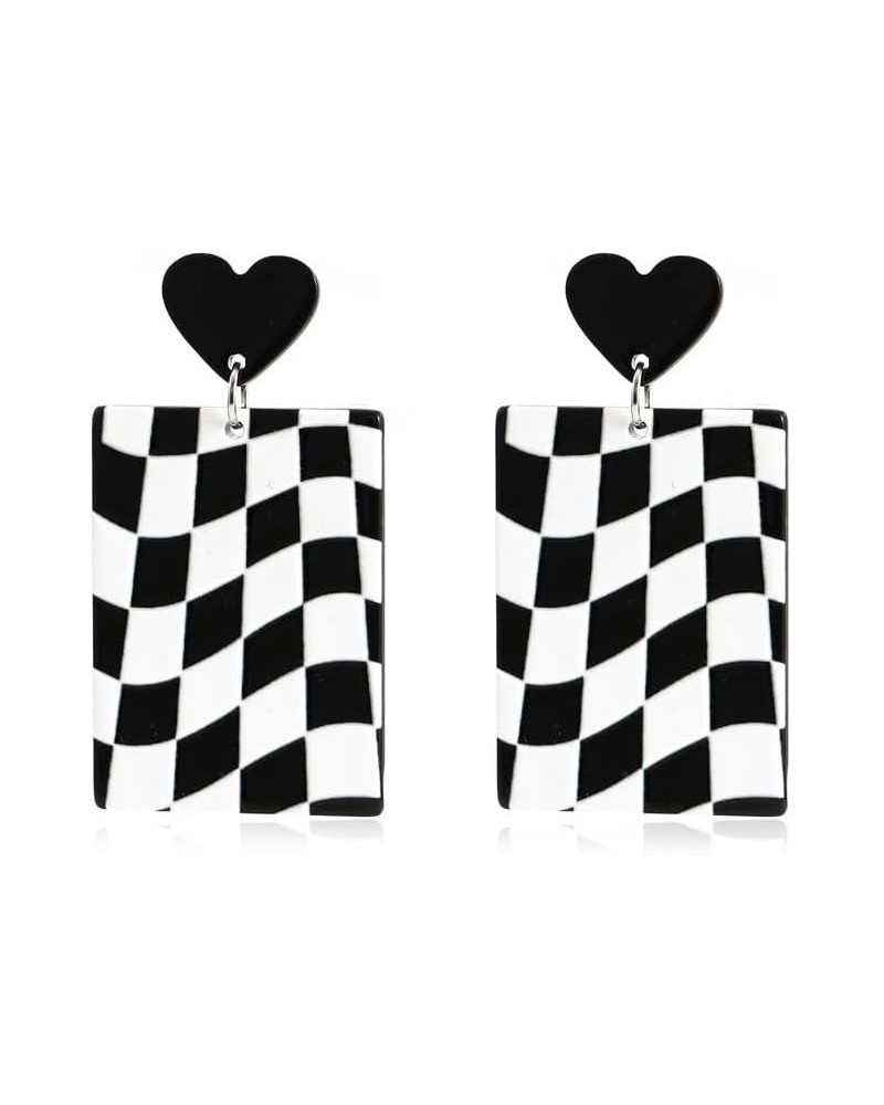 Acrylic Checkered Earrings for Women Unique Fashion Black white Striped Dangle Drop Vintage Earring for Girls Statement Jewel...