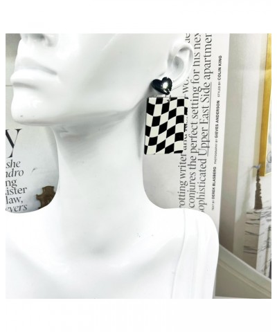 Acrylic Checkered Earrings for Women Unique Fashion Black white Striped Dangle Drop Vintage Earring for Girls Statement Jewel...