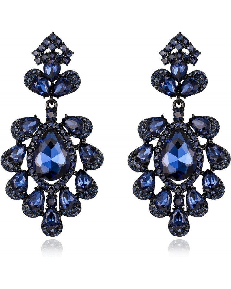 Bridal Crystal Earrings for Wedding, Rhinestone Floral Drop Dangle Earrings for Prom Cocktail Party Navy Blue Black-Tone $10....