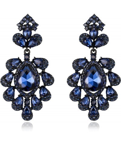 Bridal Crystal Earrings for Wedding, Rhinestone Floral Drop Dangle Earrings for Prom Cocktail Party Navy Blue Black-Tone $10....