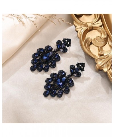 Bridal Crystal Earrings for Wedding, Rhinestone Floral Drop Dangle Earrings for Prom Cocktail Party Navy Blue Black-Tone $10....